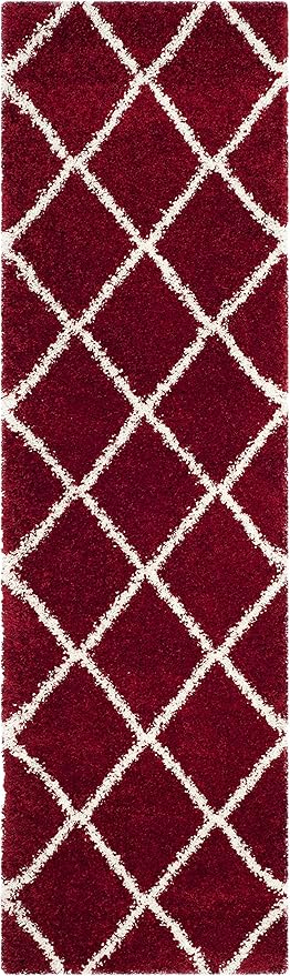 SAFAVIEH Hudson Shag Collection Runner Rug - 2'3" x 14', Red & Ivory, Modern Trellis Design, Non-Shedding & Easy Care, 2-inch Thick Ideal for High Traffic Areas in Living Room, Bedroom (SGH281R)