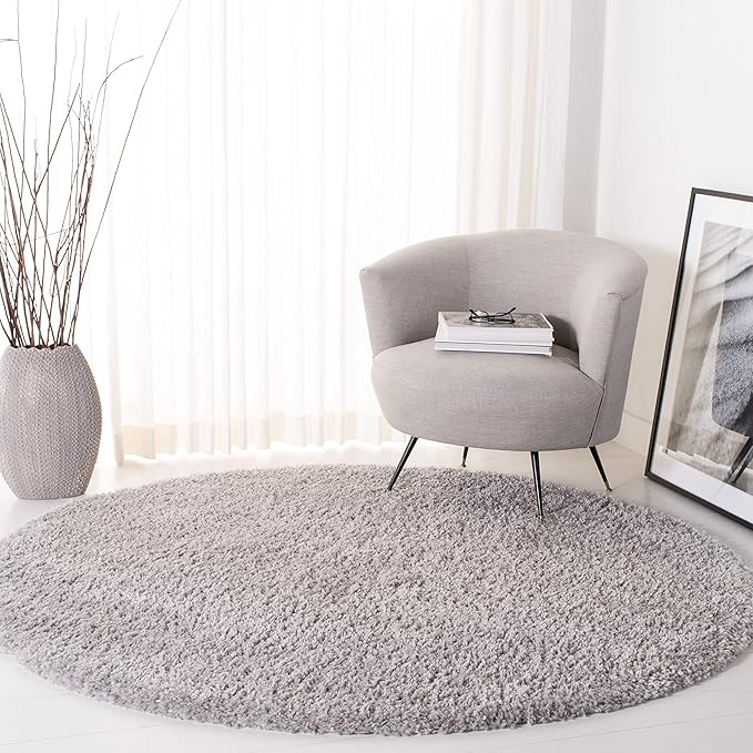 SAFAVIEH Fontana Shag Collection Area Rug - 4' Round, Grey, Solid Design, Non-Shedding & Easy Care, 2-inch Thick Ideal for High Traffic Areas in Living Room, Bedroom (FNT800F)