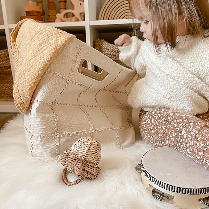 MakeMake Organics Storage Bins for Kids Nursery Bin Organizer (13"x12") Laundry Basket for Closet, Decorative Floor Storage Basket Canvas Fabric Storage Basket (Mesh - Taupe)