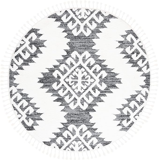 SAFAVIEH Moroccan Tassel Shag Collection Area Rug - 6'7" Round, Dark Grey & Ivory, Rustic Trellis, Non-Shedding & Easy Care, 2-inch Thick Ideal for High Traffic Areas in Living Room, Bedroom (MTS652H)