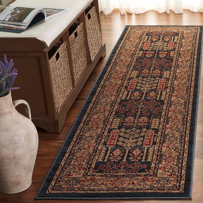 SAFAVIEH Mahal Collection Runner Rug - 2'2" x 16', Navy & Natural, Traditional Oriental Design, Non-Shedding & Easy Care, Ideal for High Traffic Areas in Living Room, Bedroom (MAH697E)