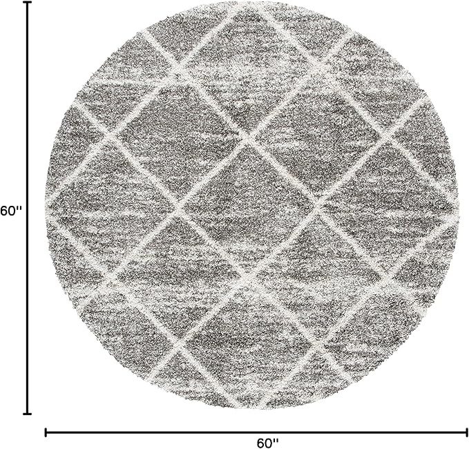 SAFAVIEH Hudson Shag Collection 5' Round Distressed Grey/Ivory SGH281K Modern Diamond Trellis Non-Shedding 2-inch Thick Area Rug