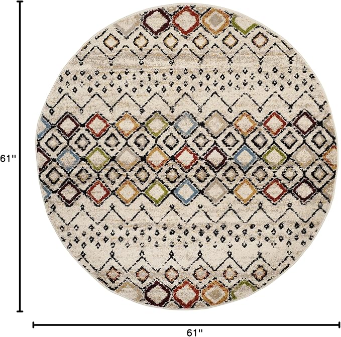 SAFAVIEH Amsterdam Collection Area Rug - 5'1" Round, Ivory & Multi, Moroccan Boho Design, Non-Shedding & Easy Care, Ideal for High Traffic Areas in Living Room, Bedroom (AMS108K)