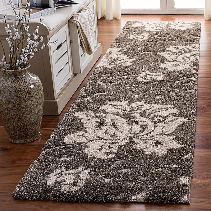 SAFAVIEH Florida Shag Collection Runner Rug - 2'3" x 9', Smoke & Beige, Floral Design, Non-Shedding & Easy Care, 1.2-inch Thick Ideal for High Traffic Areas in Living Room, Bedroom (SG458-7913)