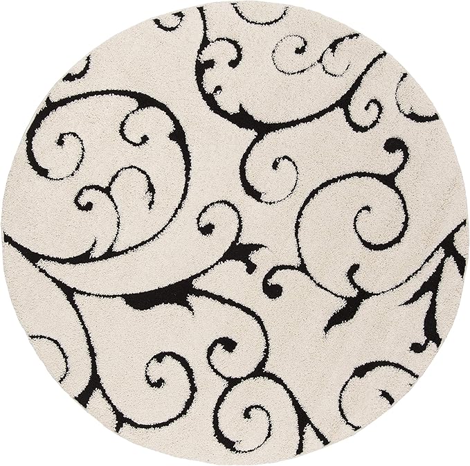 SAFAVIEH Florida Shag Collection Area Rug - 6'7" Round, Ivory & Black, Scroll Design, Non-Shedding & Easy to Clean, High-Low Plush Pile, Ideal for Living Room, Bedroom, Dining Space (SG455-1290)