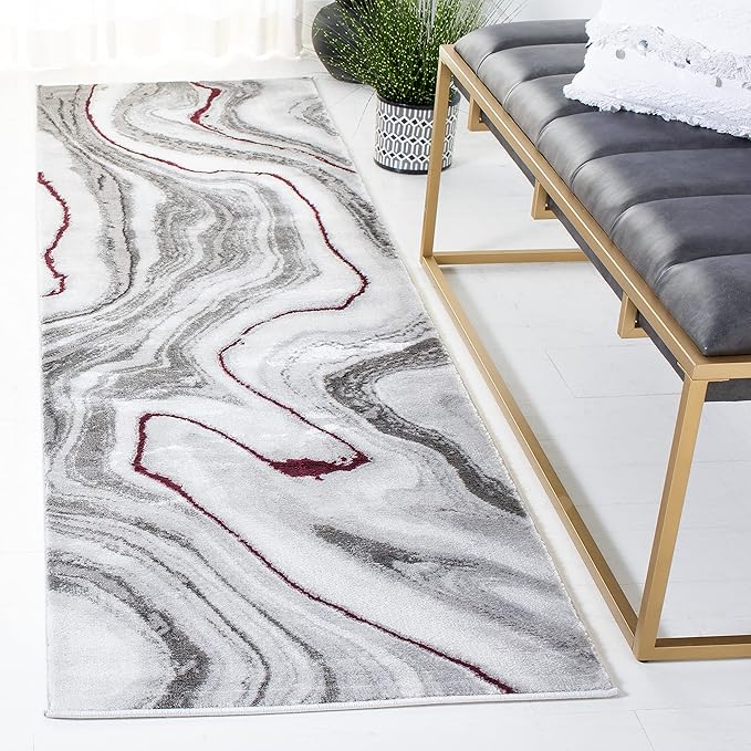 SAFAVIEH Craft Collection Runner Rug - 2'3" x 10', Grey & Wine, Modern Abstract Marble Pattern Design, Non-Shedding & Easy Care, Ideal for High Traffic Areas in Living Room, Bedroom (CFT819S)