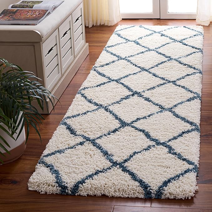 SAFAVIEH Hudson Shag Collection Runner Rug - 2'3" x 8', Ivory & Slate Blue, Modern Trellis Design, Non-Shedding & Easy Care, 2-inch Thick Ideal for High Traffic Areas in Living Room, Bedroom (SGH281T)