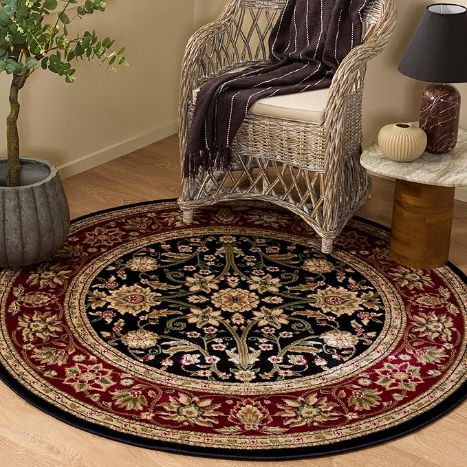 SAFAVIEH Lyndhurst Collection Area Rug - 3'3" Round, Black & Red, Traditional Oriental Design, Non-Shedding & Easy Care, Ideal for High Traffic Areas in Living Room, Bedroom (LNH212G)