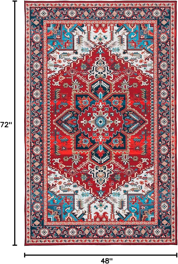 SAFAVIEH Washable Rug Tucson Collection - 4' x 6', Red & Blue, Slip Resistant & Easy to Clean, Ideal for Foyer, Kitchen, Nursery, Office, Bedroom (TSN101Q)