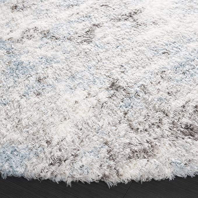 SAFAVIEH Lindsay Shag Collection Area Rug - 6'7" Round, Grey/Blue Ivory, Geometric Design, Ideal for High Traffic Areas in Living Room, Bedroom, Dining (LNS556F)