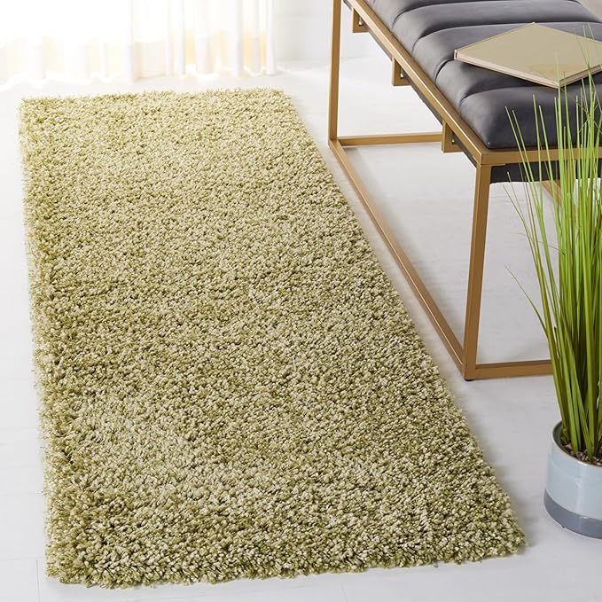 SAFAVIEH Santa Monica Shag Collection 2'3" x 11' Green SGN725 Solid Non-Shedding Living Room Bedroom Dining Room Entryway Plush 2-inch Thick Runner Rug