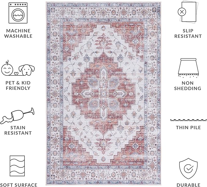 SAFAVIEH Washable Rug Tucson Collection - 5' x 8', Ivory & Rust, Slip Resistant & Easy to Clean, Ideal for Living Room, Bedroom, Dining Space (TSN109A)