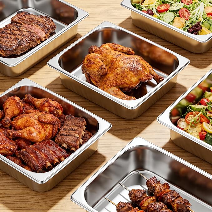 4 Pack Hotel Pans with Lids 1/2 Size 2.5" Deep, Stainless Steel Steam Table Pan with Lid, Commercial Metal Buffet Food Storage Container, Anti-Jam Design, for Restaurant, Kitchen, Party, Home
