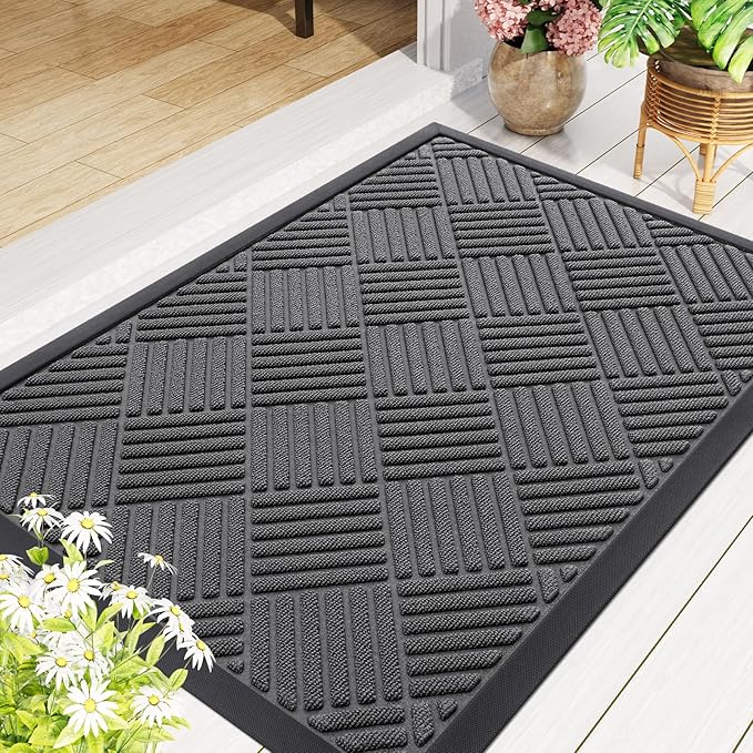 Smiry Front Door Mat Outside Entrance, Heavy Duty Outdoor Indoor Natural Rubber Doormat, Non Slip, Trap Dirt and Moisture, Easy Clean, Low Profile Patio Porch Entryway Mat, 47x17, Grey