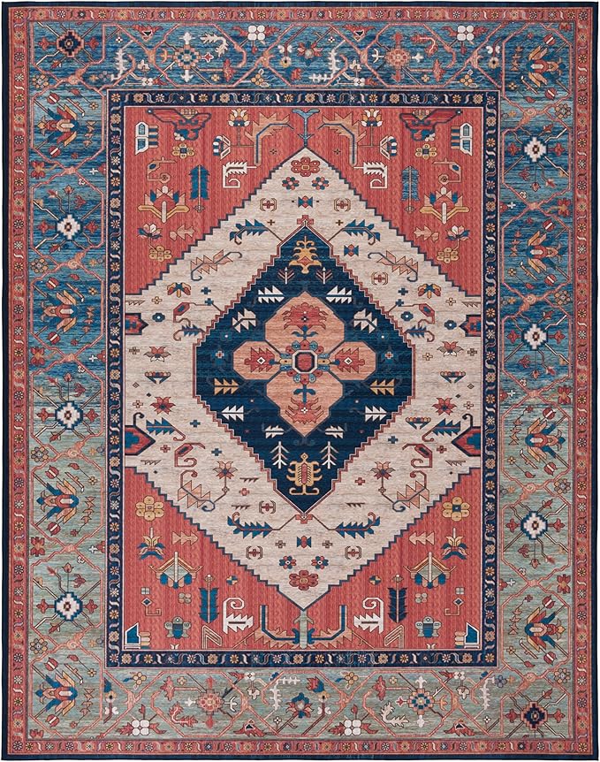 SAFAVIEH Washable Rug Tucson Collection - 9' x 12', Rust & Blue, Slip Resistant & Easy to Clean, Ideal for Living Room, Bedroom, Dining Space (TSN153P)
