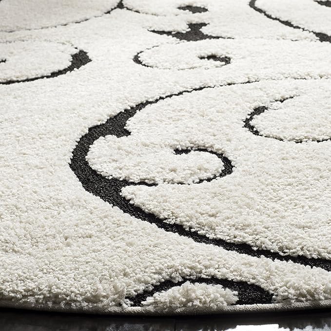 SAFAVIEH Florida Shag Collection Area Rug - 4' Round, Ivory & Black, Scroll Design, Non-Shedding & Easy to Clean, High-Low Plush Pile, Ideal for Living Room, Bedroom, Dining Space (SG455-1290)