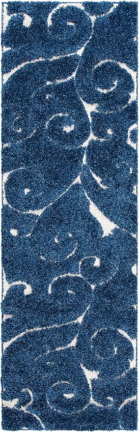 SAFAVIEH Florida Shag Collection Runner Rug - 2'3" x 17', Dark Blue & Cream, Scroll Design, Non-Shedding & Easy to Clean, High-Low Plush Pile, Ideal for Bedroom, Foyer, Hallway (SG455-6511)
