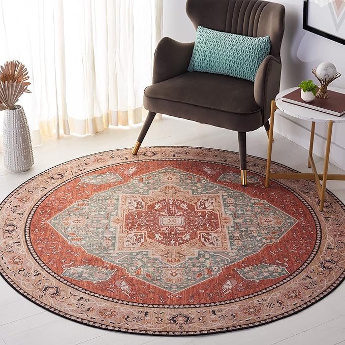 SAFAVIEH Washable Rug Tucson Collection - 8' Round, Aqua & Rust, Slip Resistant & Easy to Clean, Ideal for Living Room, Bedroom, Dining Space (TSN150J)