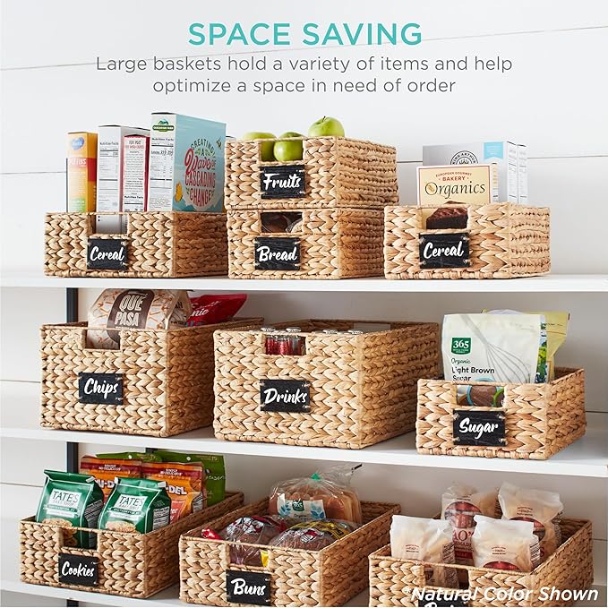 Best Choice Products Set of 4 16x12in Large Water Hyacinth Pantry Baskets, Woven Organizers w/Chalkboard Label, Chalk Marker - Black