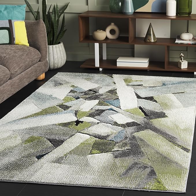 SAFAVIEH Porcello Collection Area Rug - 4' x 6', Green & Grey, Modern Abstract Pattern, Non-Shedding & Easy Care, Ideal for Living Room, Foyer, Bedroom (PRL6937Y-4)