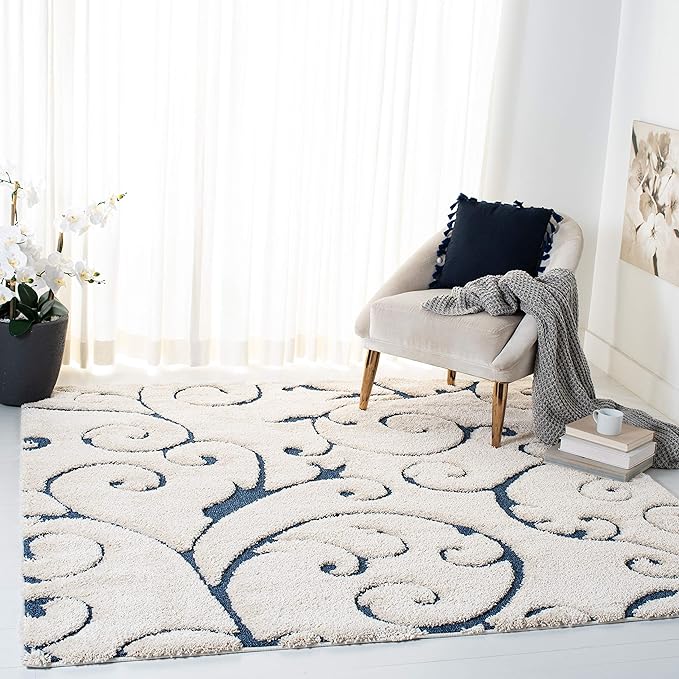 SAFAVIEH Florida Shag Collection Area Rug - 11' Square, Cream & Blue, Scroll Design, Non-Shedding & Easy to Clean, High-Low Plush Pile, Ideal for Living Room, Bedroom, Dining Space (SG455-1165)