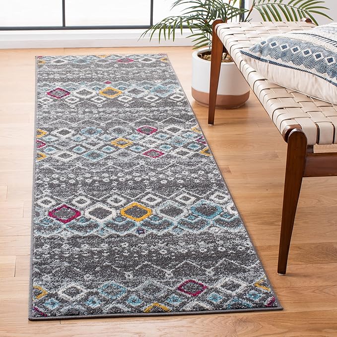 SAFAVIEH Amsterdam Collection Runner Rug - 2'3" x 14', Dark Grey & Ivory, Moroccan Boho Design, Non-Shedding & Easy Care, Ideal for High Traffic Areas in Living Room, Bedroom (AMS108H)