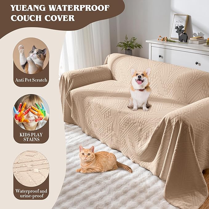 Waterproof Couch Cover, Reversible Washable Anti-Slip Loveseat Sofa Covers with 2 Cushions, Sectional Couch Covers for Pets, Sofa Slipcovers for Dogs Cats (71x91in/Khaki)