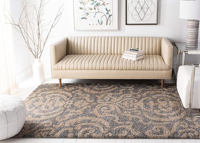 SAFAVIEH Florida Shag Collection Area Rug - 6'7" Square, Grey & Beige, Damask Design, Non-Shedding & Easy Care, 1.2-inch Thick Ideal for High Traffic Areas in Living Room, Bedroom (SG462-8013)