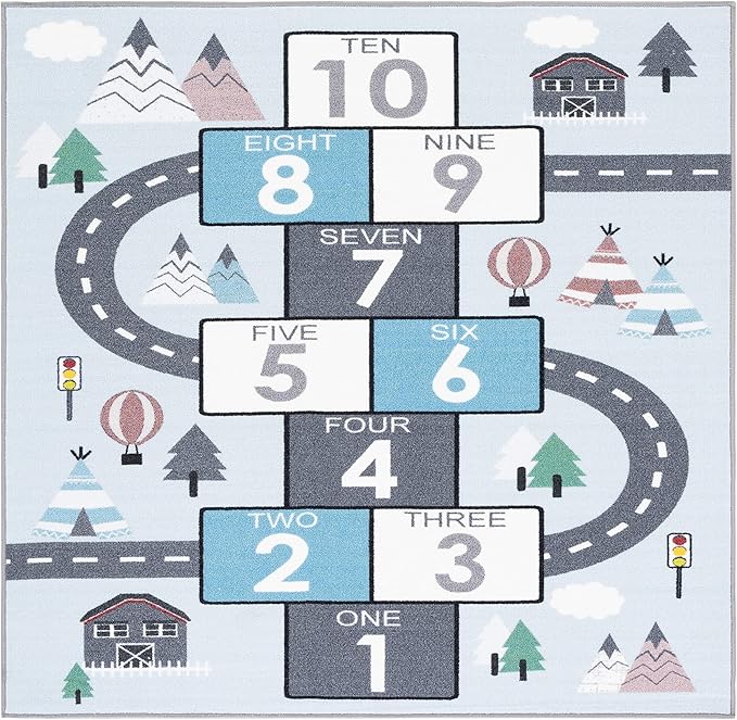 SAFAVIEH Washable Rug Kids Playhouse Collection - 6'7" Square, Grey & Blue, Slip Resistant & Easy to Clean, Ideal for Kids Room, Playroom, Nursery, Boys & Girls Room (KPH226F)