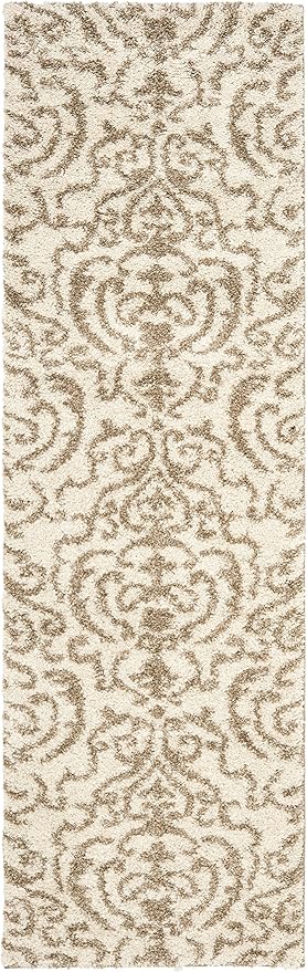 SAFAVIEH Florida Shag Collection Runner Rug - 2'3" x 10', Cream & Beige, Damask Design, Non-Shedding & Easy Care, 1.2-inch Thick Ideal for High Traffic Areas in Living Room, Bedroom (SG462-1113)