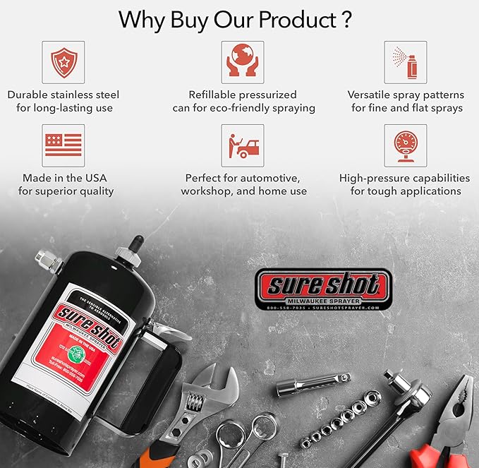 SURE SHOT A1002 1-Quart Non Aerosol Sprayer - Refillable Pressurized Sprayer Can for Oil, Solvent, Degreasers, Lubricants - Rechargeable Steel Canister with Adjustable Nozzles - Made in the USA - 32oz