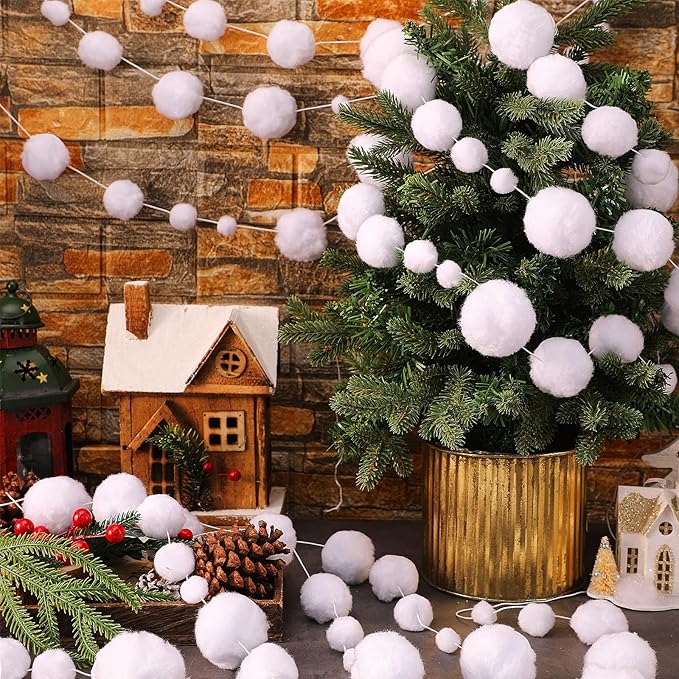 Tegeme 48 Pcs Winter Snowball Garland 6.5 Feet White Pom Pom String Garland Winter Party Wonderland Decoration Snow Ball Hanging Banner White Snowball Decor for Ceiling Tree Holiday Party Wall Home
