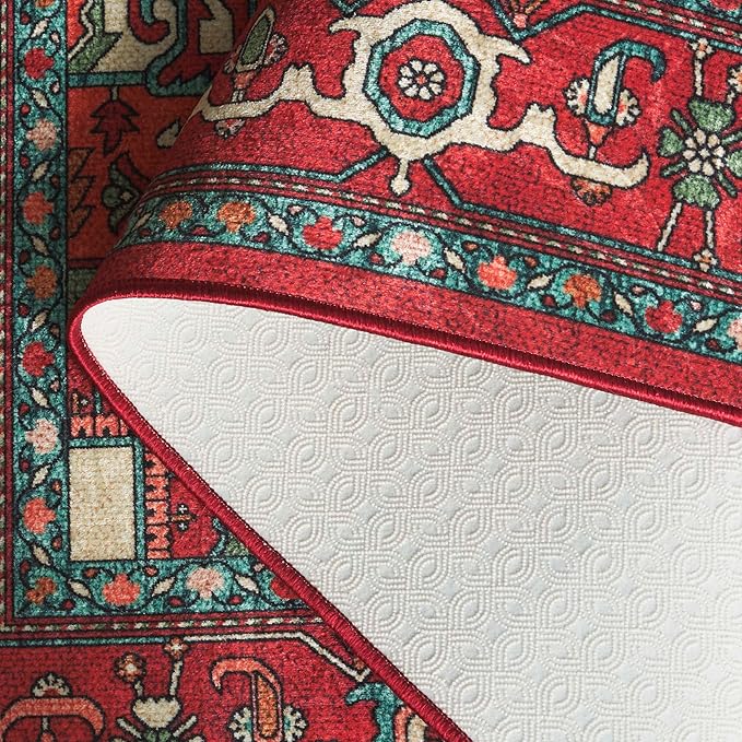 SAFAVIEH Washable Rug Orlando Collection - 9' x 12', Red & Beige, Non-Shedding & Easy to Clean, Ideal for Living Room, Bedroom, Dining Space (ORL758Q)