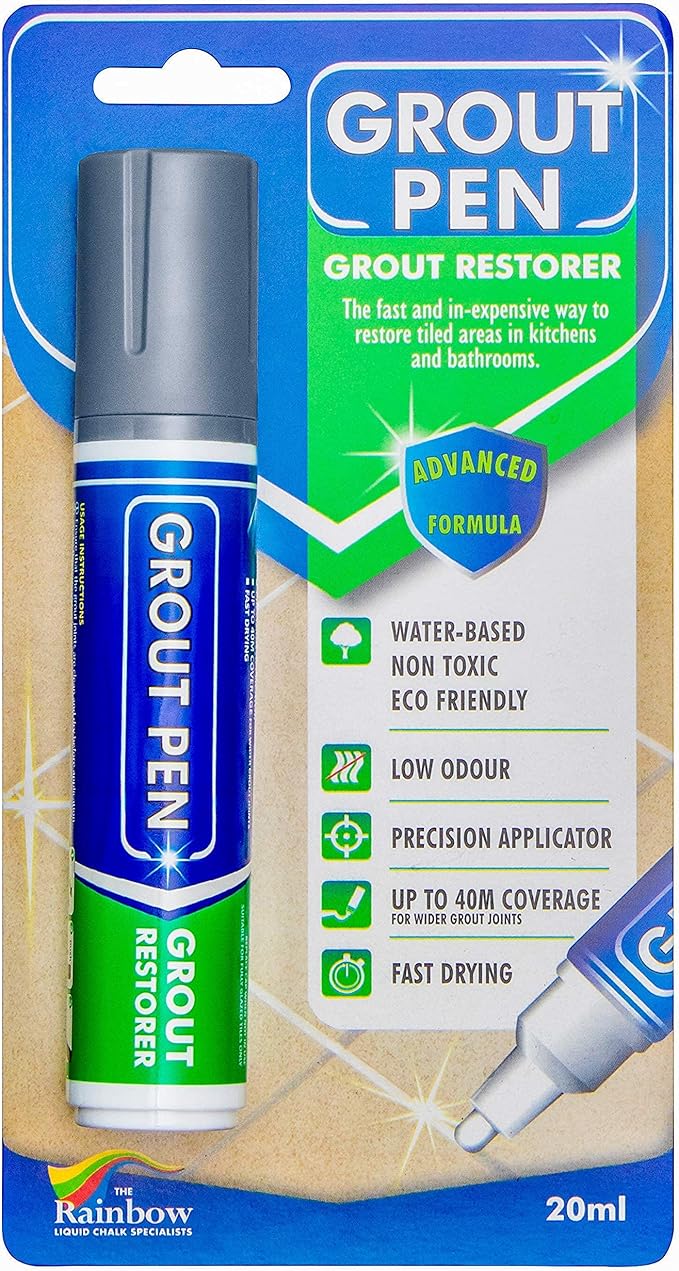 Grout Pen Tile Paint Marker: Waterproof Grout Colorant and Sealer Pen to Renew, Repair, and Refresh Tile Grout - Bundle - 15mm Wide Tip Grey and 5mm Narrow Tip White