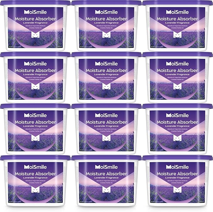 Moisture Absorbers 12 Packs, 10.8OZ Lavender Vanilla Efficient Humidity Absorber ＆ Odor Eliminator Boxes, Refillable Car Dehumidifier for Closet, Bathroom, Basement＆ RV