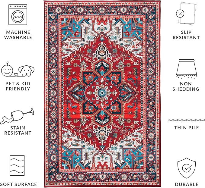 SAFAVIEH Washable Rug Tucson Collection - 5' x 8', Red & Blue, Slip Resistant & Easy to Clean, Ideal for Living Room, Bedroom, Dining Space (TSN101Q)