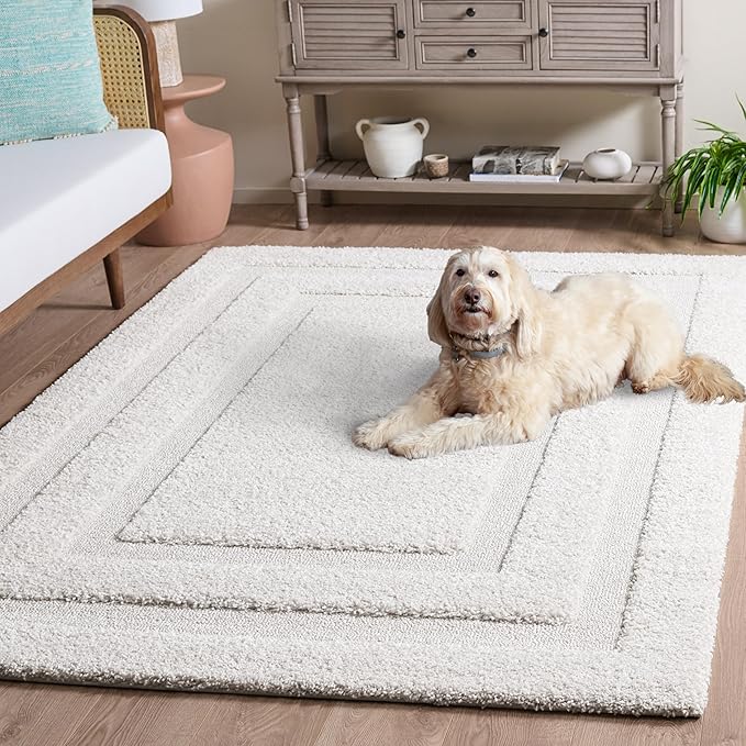 SAFAVIEH Florida Shag Collection Area Rug - 4' Square, Creme & Creme, Border Design, Non-Shedding & Easy Care, 1.2-inch Thick Ideal for High Traffic Areas in Living Room, Bedroom (SG454-1111)