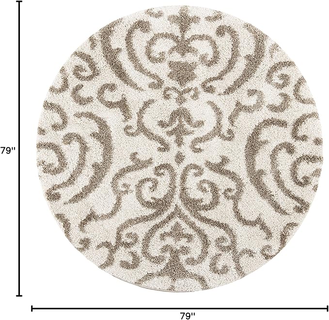 SAFAVIEH Florida Shag Collection Area Rug - 6'7" Round, Cream & Beige, Damask Design, Non-Shedding & Easy Care, 1.2-inch Thick Ideal for High Traffic Areas in Living Room, Bedroom (SG462-1113)