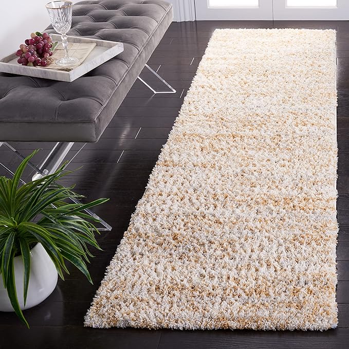 SAFAVIEH Berber Shag Collection Runner Rug - 2'3" x 10', Ivory & Light Gold, Non-Shedding & Easy to Clean, Plush Thick Pile, Ideal for Bedroom, Hallway, Foyer, Entryway (BER563D)