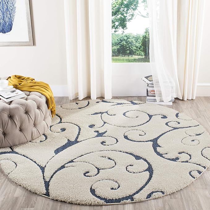 SAFAVIEH Florida Shag Collection Area Rug - 8' Round, Cream & Blue, Scroll Design, Non-Shedding & Easy to Clean, High-Low Plush Pile, Ideal for Living Room, Bedroom, Dining Space (SG455-1165)