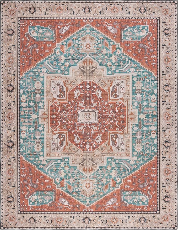 SAFAVIEH Washable Rug Tucson Collection - 9' x 12', Aqua & Rust, Slip Resistant & Easy to Clean, Ideal for Living Room, Bedroom, Dining Space (TSN150J)