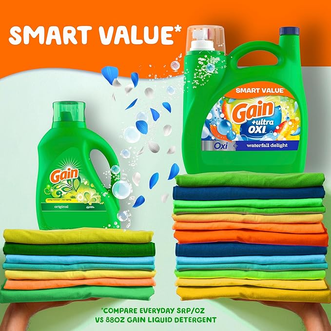 Gain Ultra Oxi Liquid Laundry Detergent, 107 loads, 154 fl oz, Waterfall Delight Scent, 2-in-1, HE Compatible