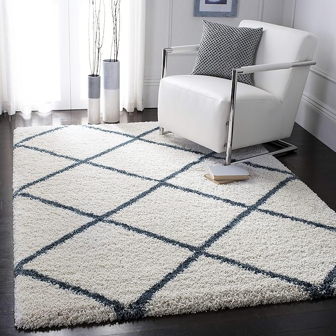 SAFAVIEH Hudson Shag Collection Accent Rug - 3' x 5', Ivory & Slate Blue, Trellis Design, Non-Shedding & Easy Care, 2-inch Thick Ideal for High Traffic Areas in Foyer, Living Room, Bedroom (SGH281T)