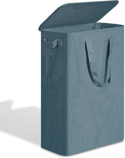 efluky Slim Laundry Basket with Lid, Narrow Laundry Hamper with Handles, Collapsible Dirty Clothes Hamper, Tall Laundry Bin for Laundry Room, Dorm and Bedroom, 55L Denim Blue