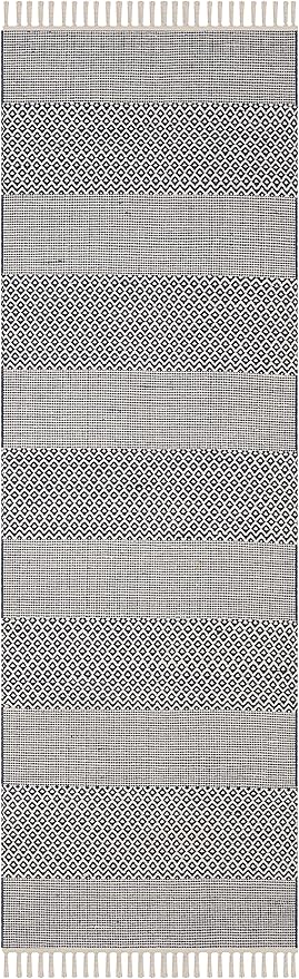 SAFAVIEH Montauk Collection Runner Rug - 2'3" x 8', Ivory & Navy, Handmade Flat Weave Boho Farmhouse Cotton Tassel Fringe, Ideal for High Traffic Areas in Living Room, Bedroom (MTK330B)