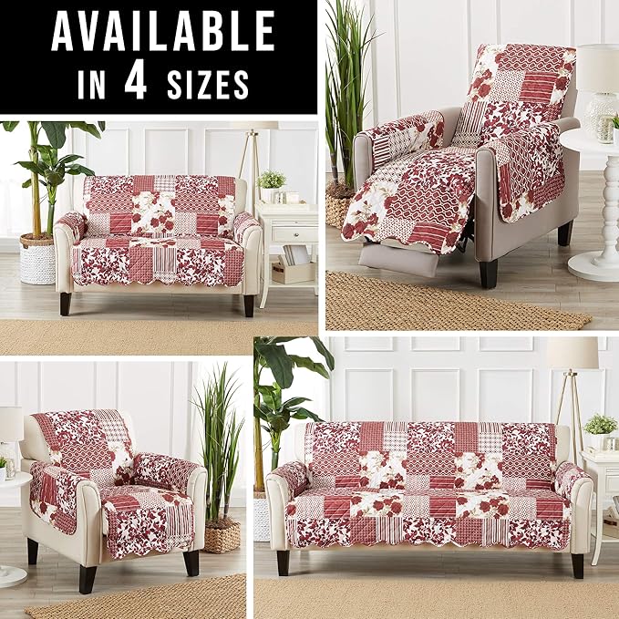 Great Bay Home Reversible Patchwork Chair Cover - Washable Slipcover Furniture Protector with Elastic Straps - Chair Cover for Dogs, Kids, and Pets - Box-Stitched Detail (Chair, Burgundy)