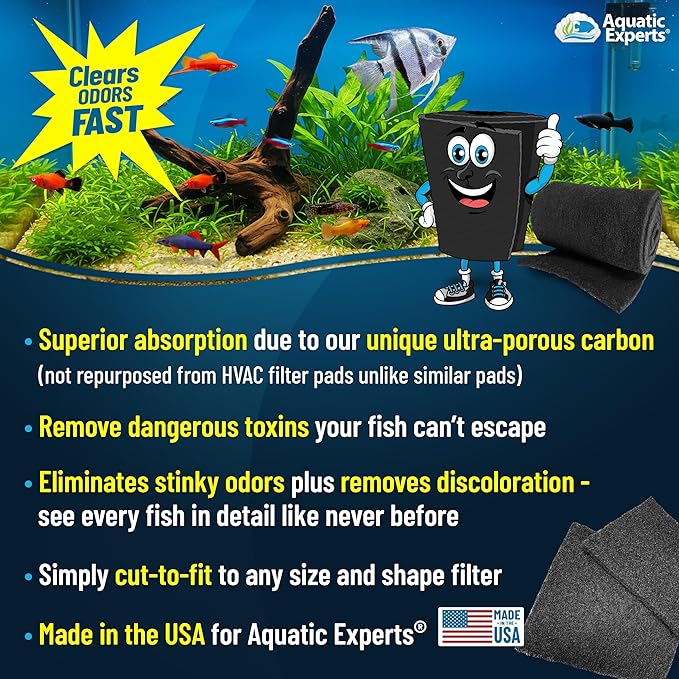 Aquarium Carbon Pad – Cut‑to‑Fit Carbon Infused Filter Pad Media for Crystal Clear Fish Tanks and Ponds, 3/8"–1/2" Thick (24 Inch Width, 36 Inch Long)