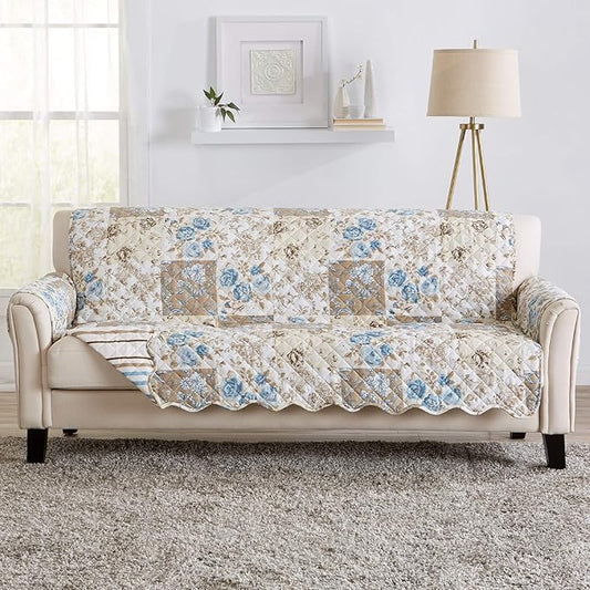 Great Bay Home Reversible Floral Patchwork Furniture Protector - Machine Washable, Scalloped Edge, Stain Resistant, Printed Furniture Cover for Dogs, Kids, and Pets (Sofa, Taupe/Blue)