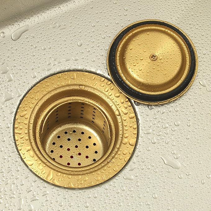 Gold Kitchen Sink Drain Assembly,Gold Sink Strainer with Removable Deep Waste Basket,Fit for Kitchen Sinks with Opening Size 3 1/2"