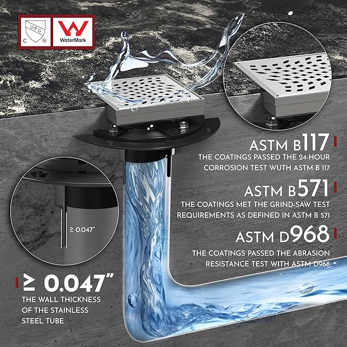 WEBANG 4 Inch Square Shower Drain Brushed Floor Drain with Flange Wave-Hole Pattern Cover Grate Removable SUS304 Stainless Steel Watermark&CUPC Certified Brushed